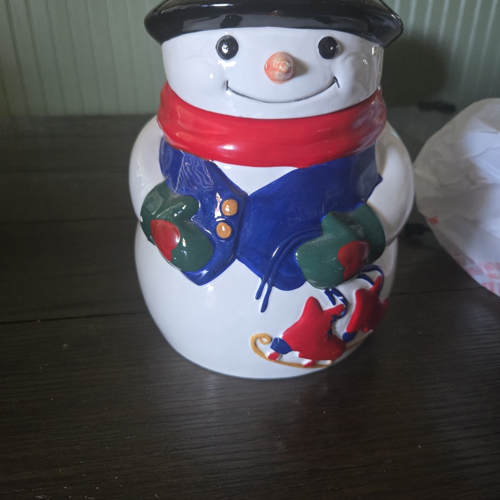 Festive Snowman Cookie Jar - Red, Blue, Green Accents